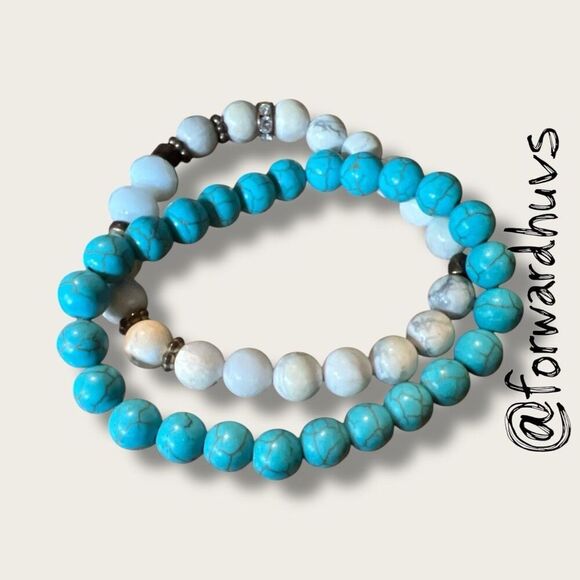 Bundle Sale 3 for $15 | Two Faux Turquoise Stretch Bracelets – Blue & White Buff - Picture 4 of 7